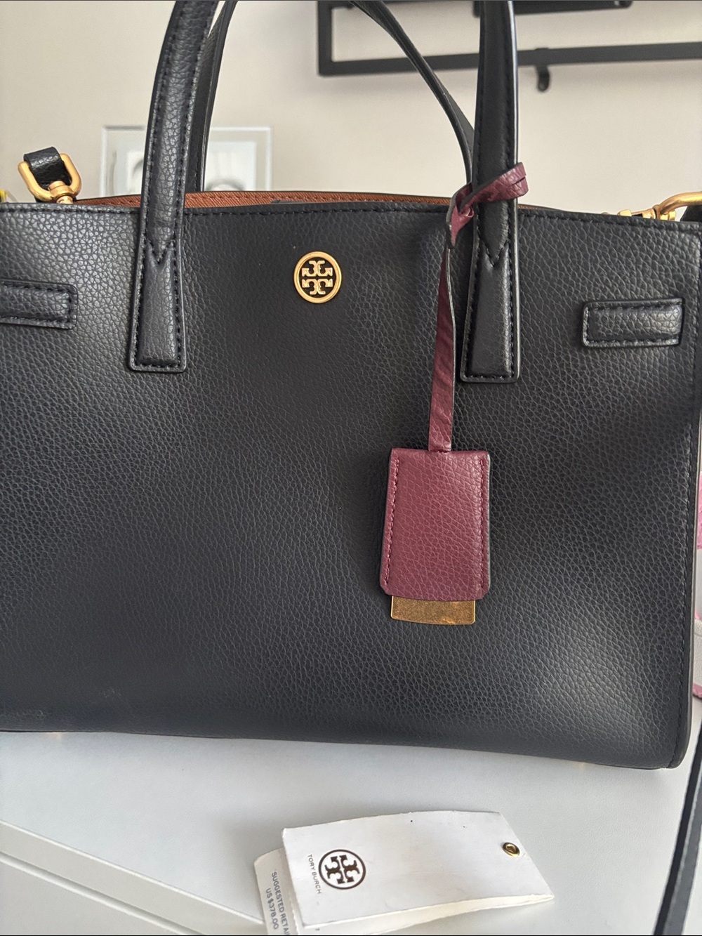 Tory Burch Black Satchel with Burgundy Tag and Gold Hardware - Picture 10 of 11